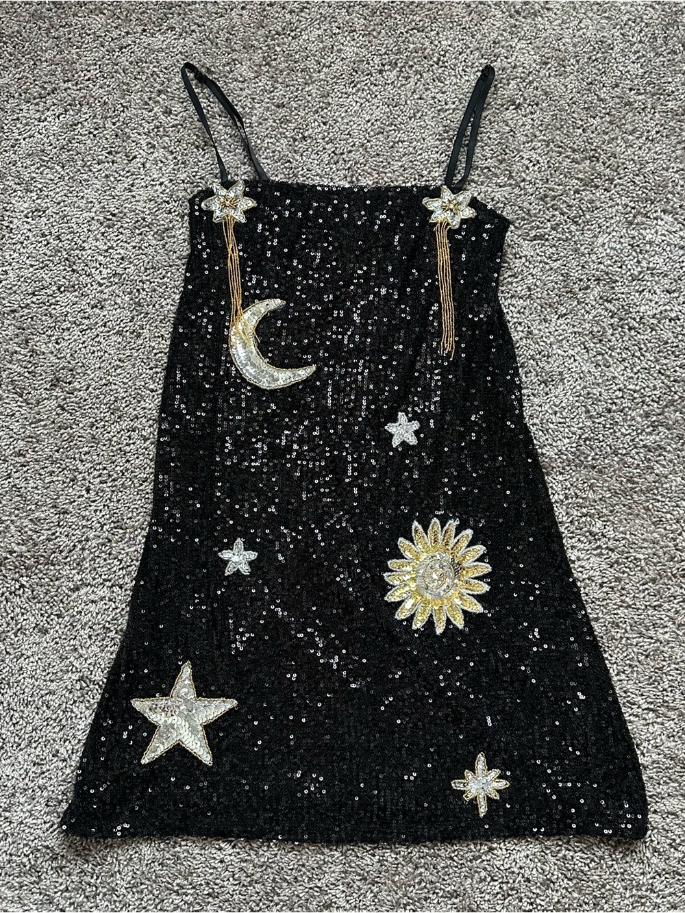 Sequin Mini Dress with Moon, Star & Sun Appliqués - Black